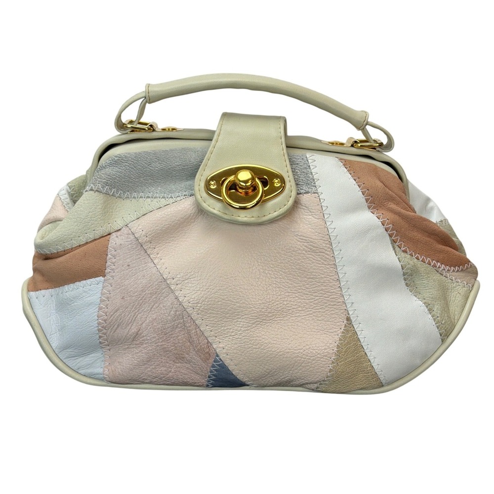 Vtg Neutral Patchwork Genuine Leather Small Hand Purse Turn Lock‎ Closure Retro